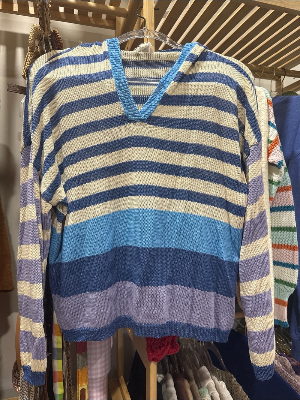 BiBi Multistripe V-Neck Sweater  Hoodie Blue Cream Lavender Large shimmer fall